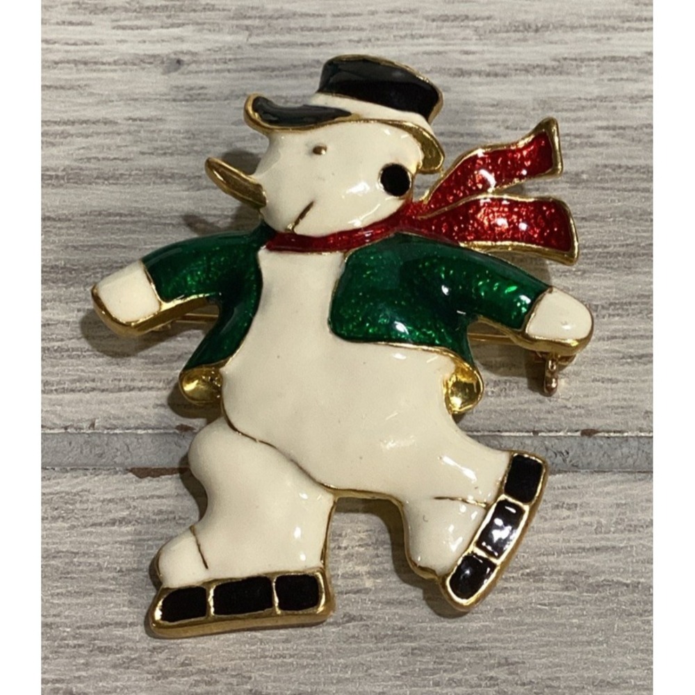 Goldtone Pin Textured Enamel Snowman Ice Skating Vintage